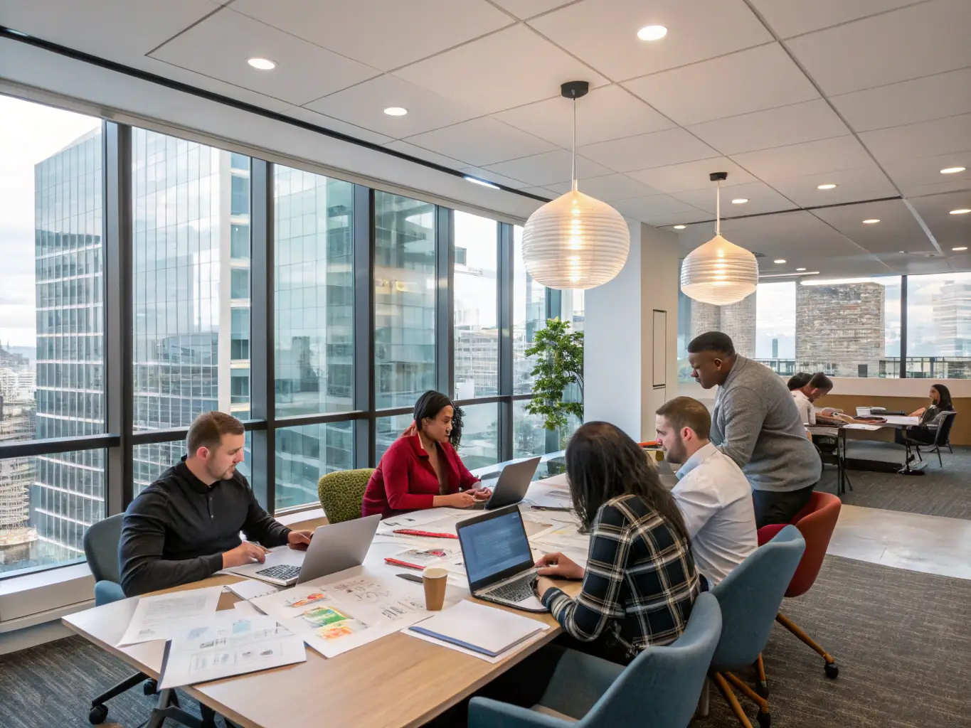 A team of employees participating in a collaborative activity, smiling and working together around a table, showcasing Ocelotlxyyn's Team Collaboration Workshops.