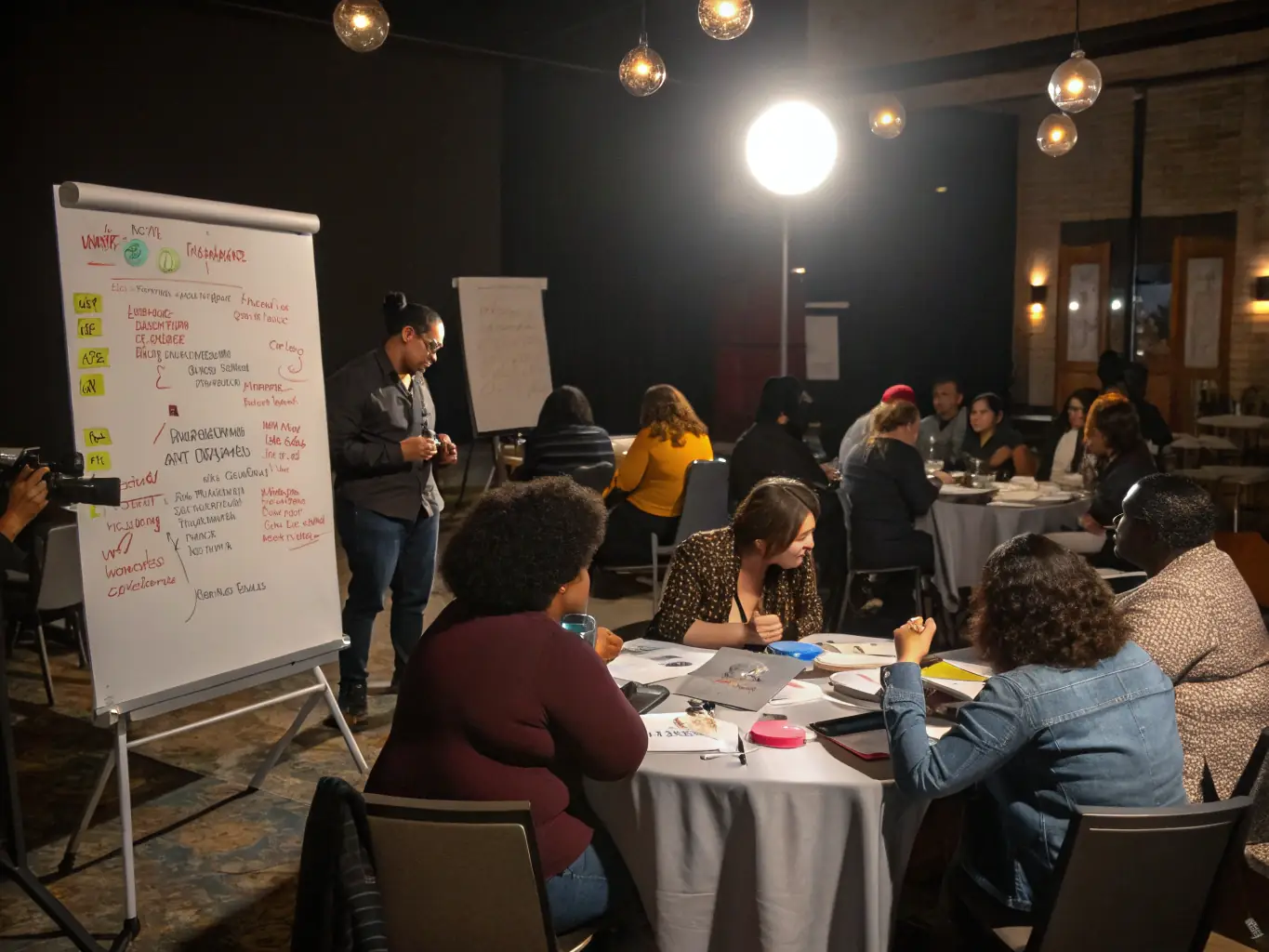An image of a diverse group of professionals engaged in a leadership workshop, with a facilitator guiding the session, representing Ocelotlxyyn's Leadership Development Program.