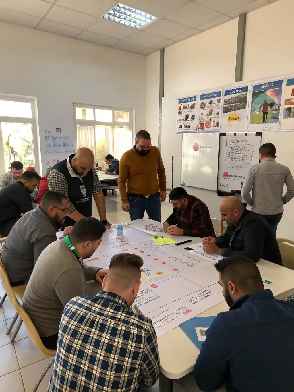 A diverse group of South African business professionals participating in a leadership development workshop, actively engaged in a team-building exercise, showcasing collaboration and problem-solving skills.