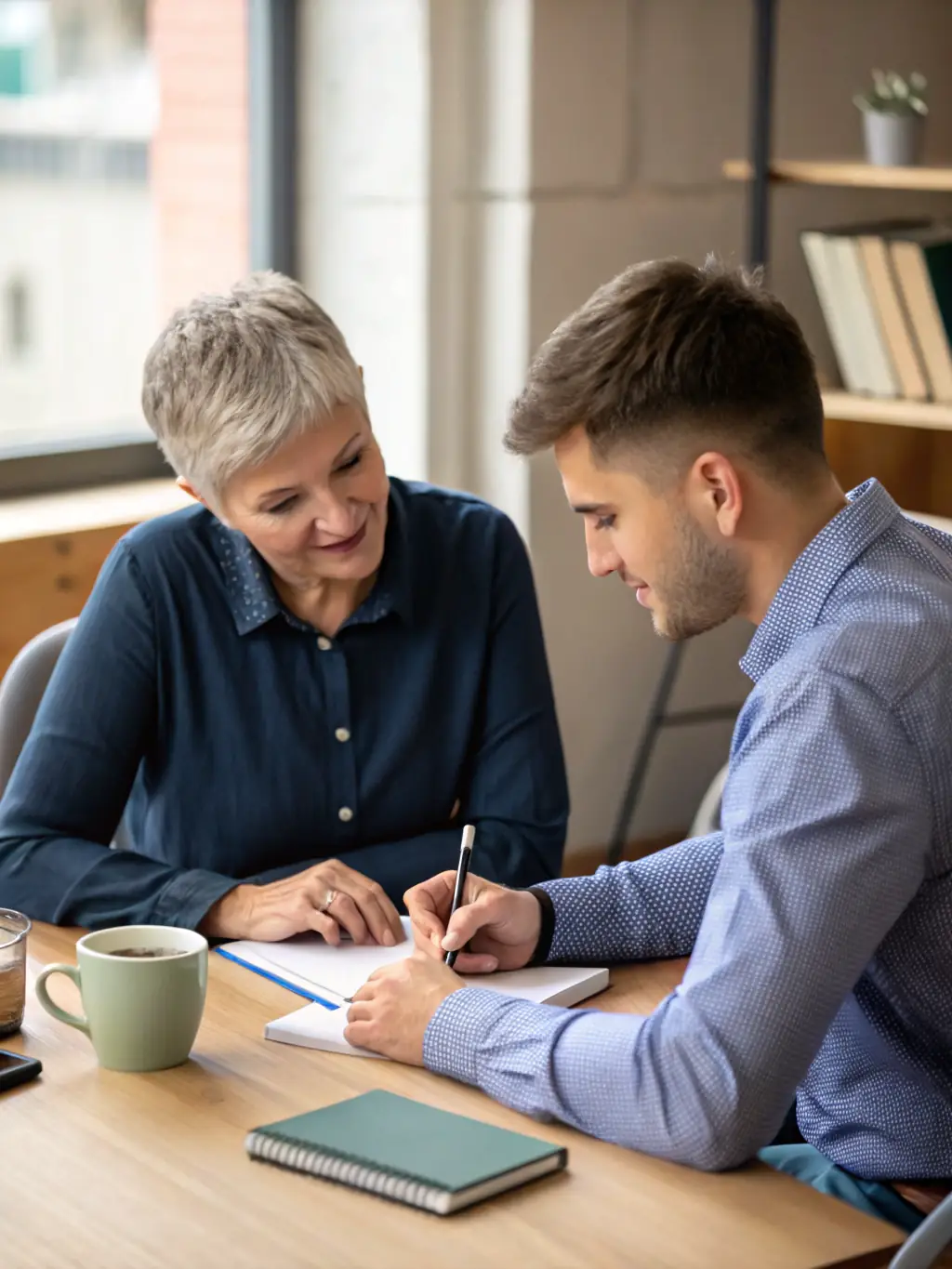 A South African executive in a one-on-one coaching session, discussing strategic goals and leadership challenges with a mentor, emphasizing personalized guidance and support.